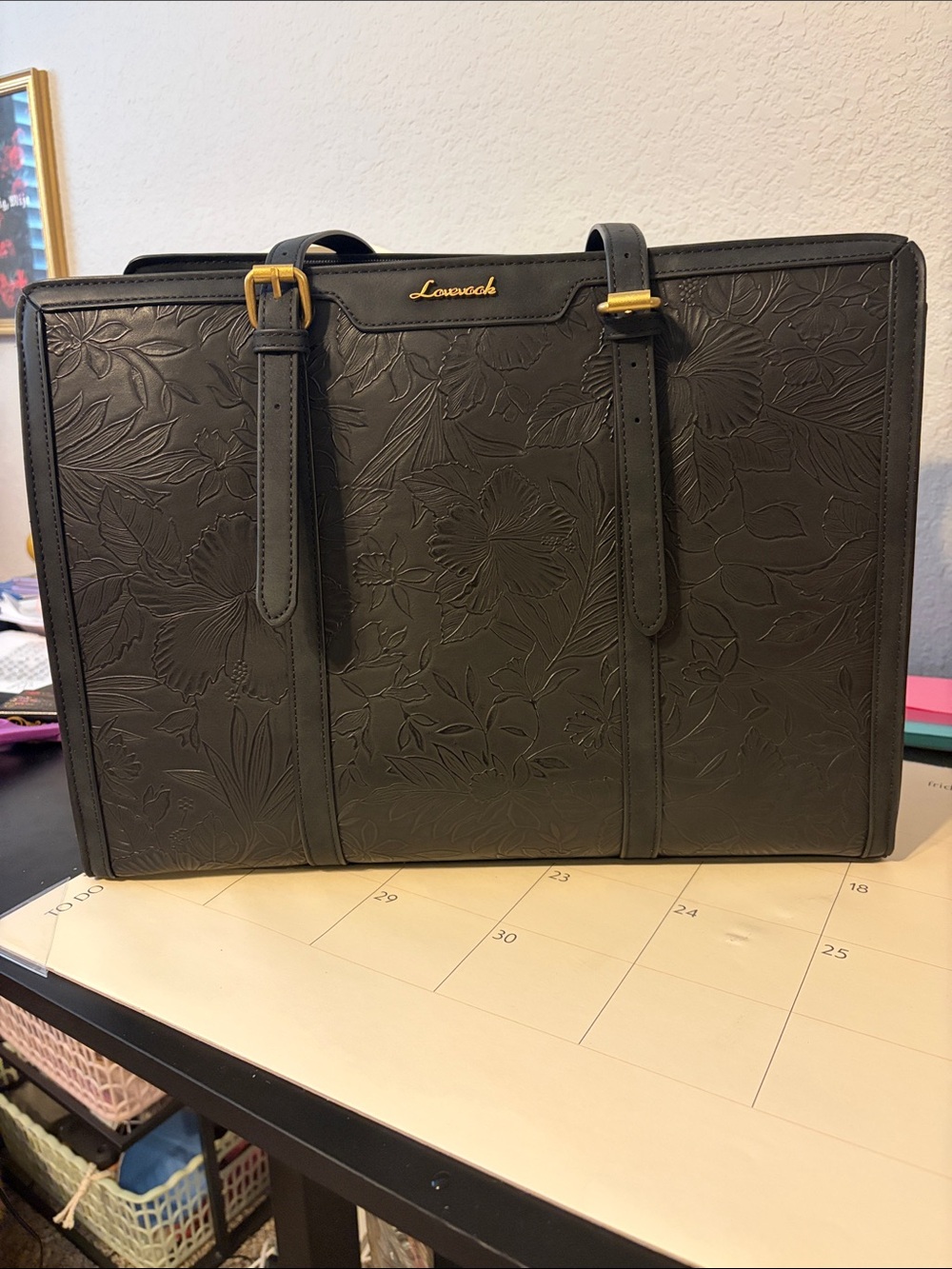Lovevook Black Embossed Floral Tote with Gold Accents